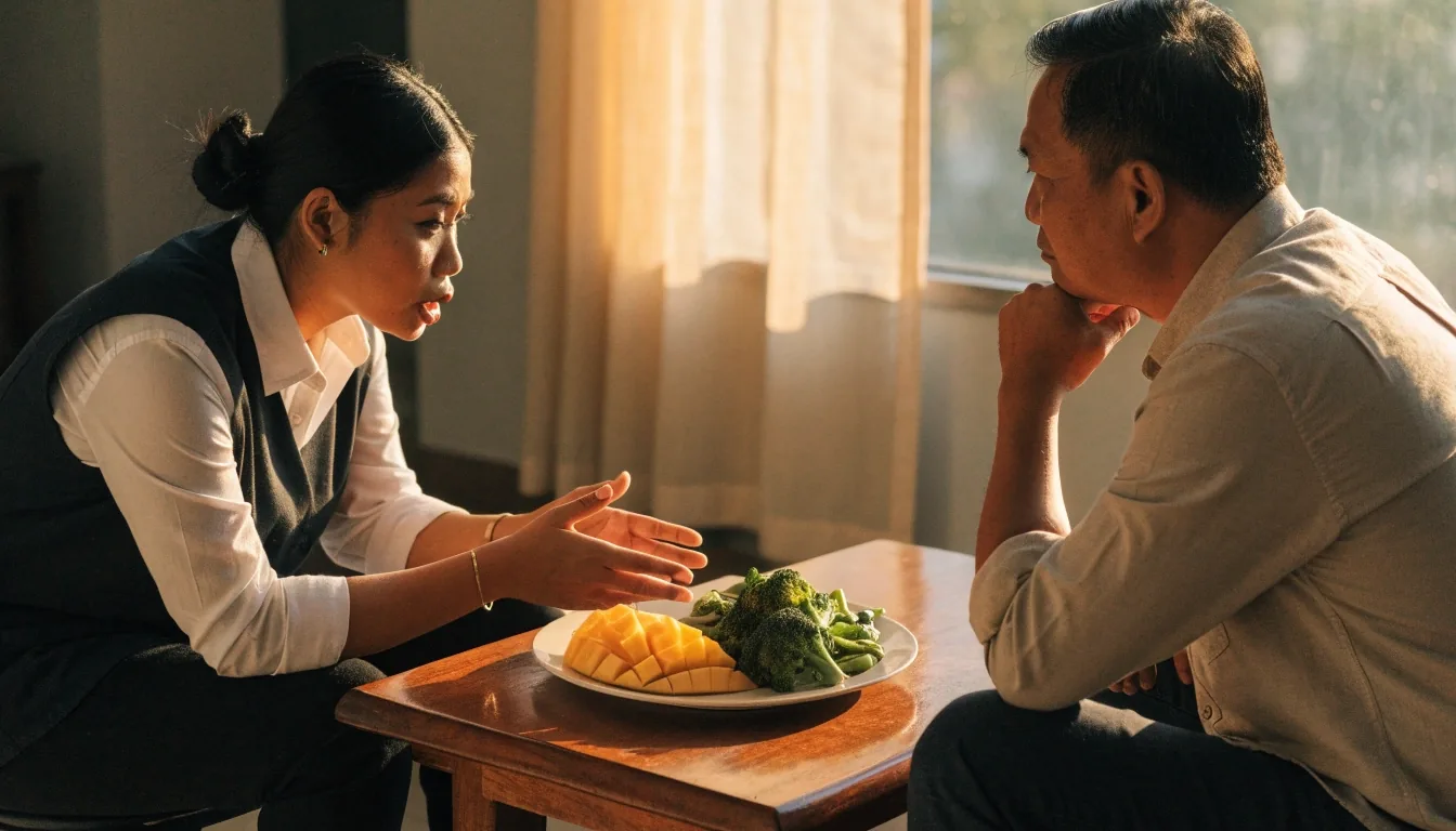 Consultation desk beside a window at golden hour, with an open notebook, a mug and a plate of sliced fruit on the table