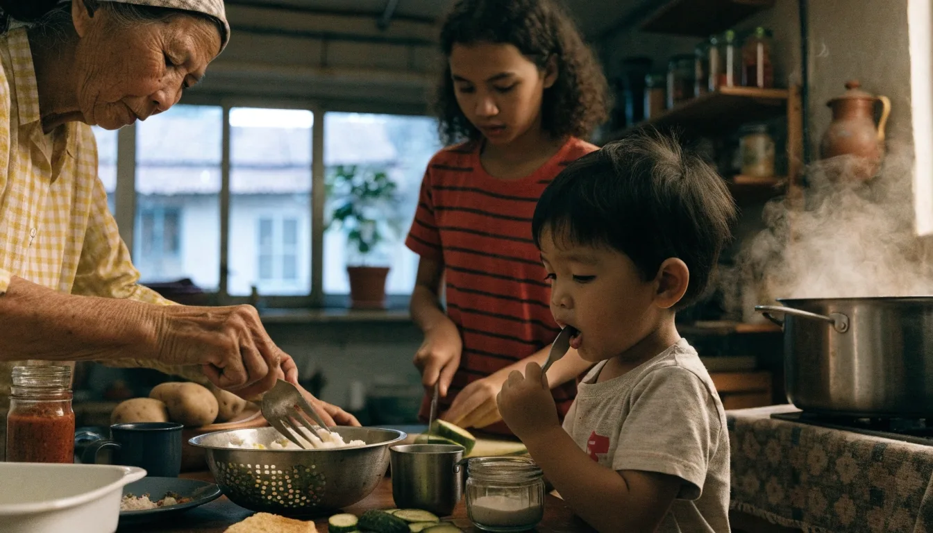 Hands of different generations preparing vegetables and portioning rice in a warm lamp-lit kitchen at dusk