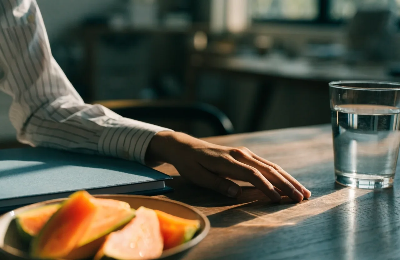 A kitchen counter with a closed notebook, pen, bowl of cut fruit and a glass of water in late afternoon light