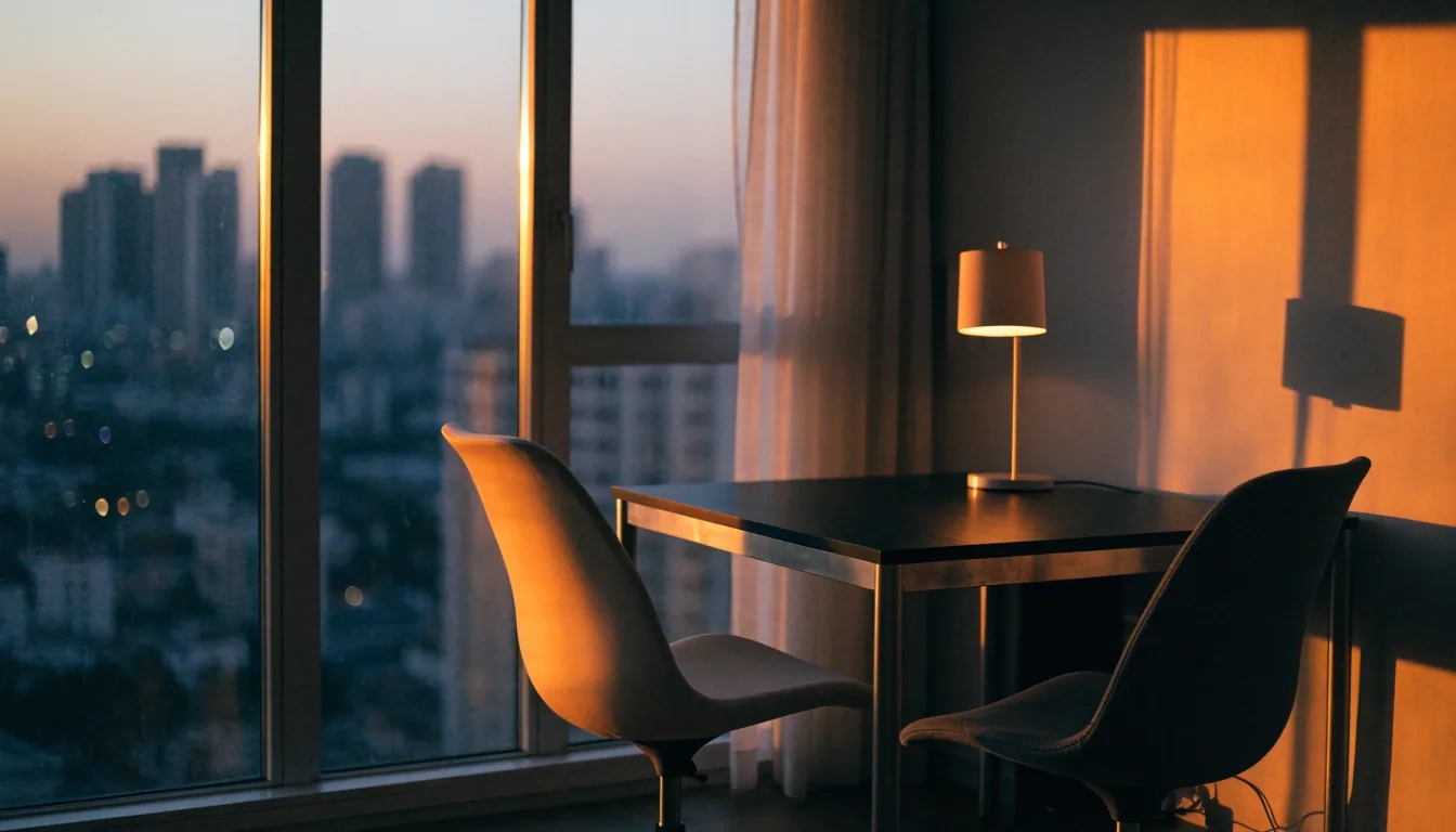 An empty consultation room at dusk with a table, two chairs and a lit lamp