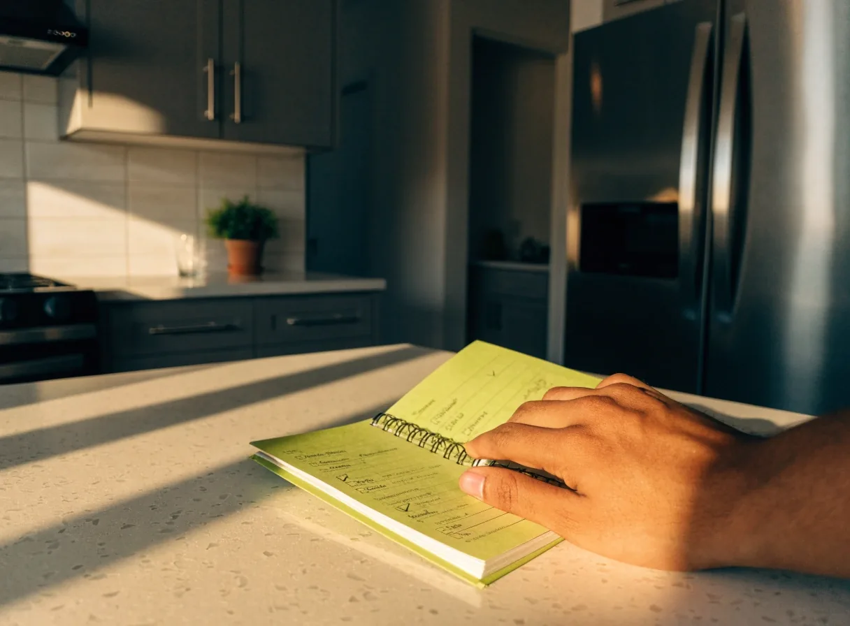 A hand holding an open notebook on a kitchen counter in daylight
