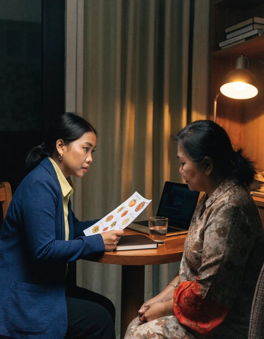 A quiet consulting corner by a window, notebook and a laptop turned away from the camera