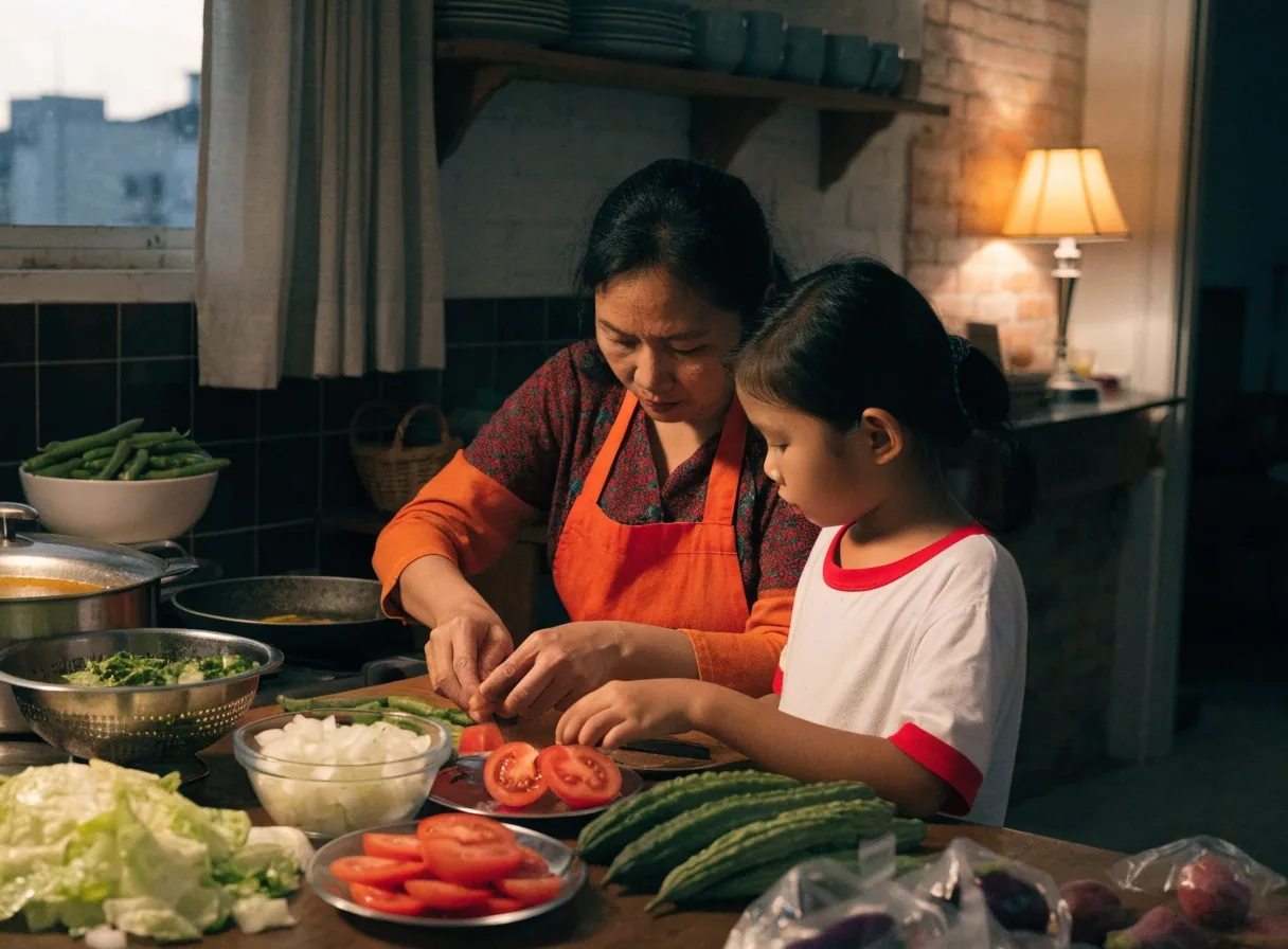 A late-afternoon produce market with baskets of greens, tomatoes, long beans and pumpkins under warm lamps