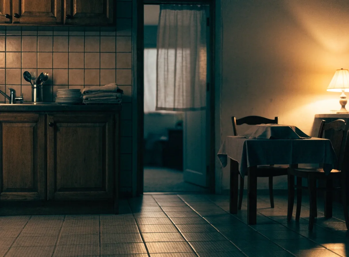A doorway between a small kitchen and a dining area lit by a single lamp in the evening