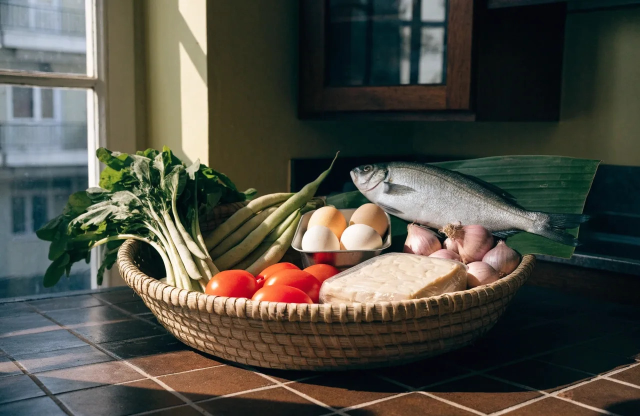 A woven market basket on a tiled kitchen floor holding greens, tomatoes, shallots, tempeh, eggs and fresh fish