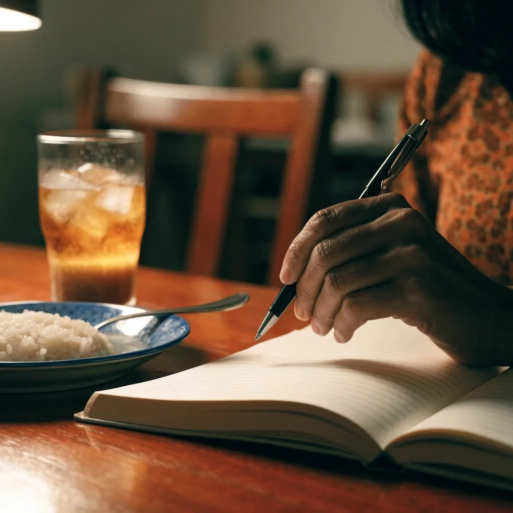 An open blank ruled notebook and pen on a table beside a small plate and spoon