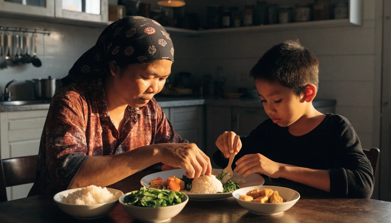 Overhead view of a shared Indonesian family meal with rice, sambal, vegetables, soup, fish and tempeh on a plain table
