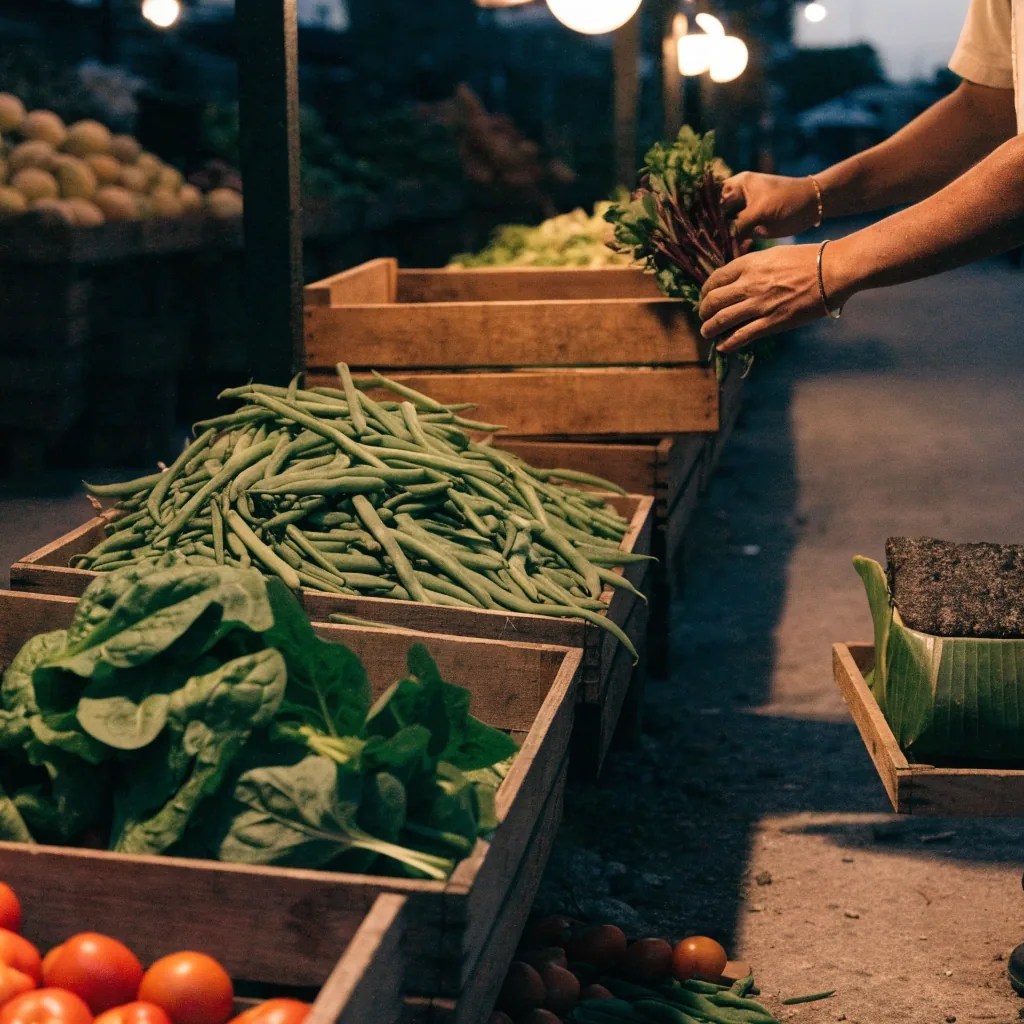 Produce stall at a neighbourhood market at dusk, crates of greens, beans and tempeh under warm hanging lamps