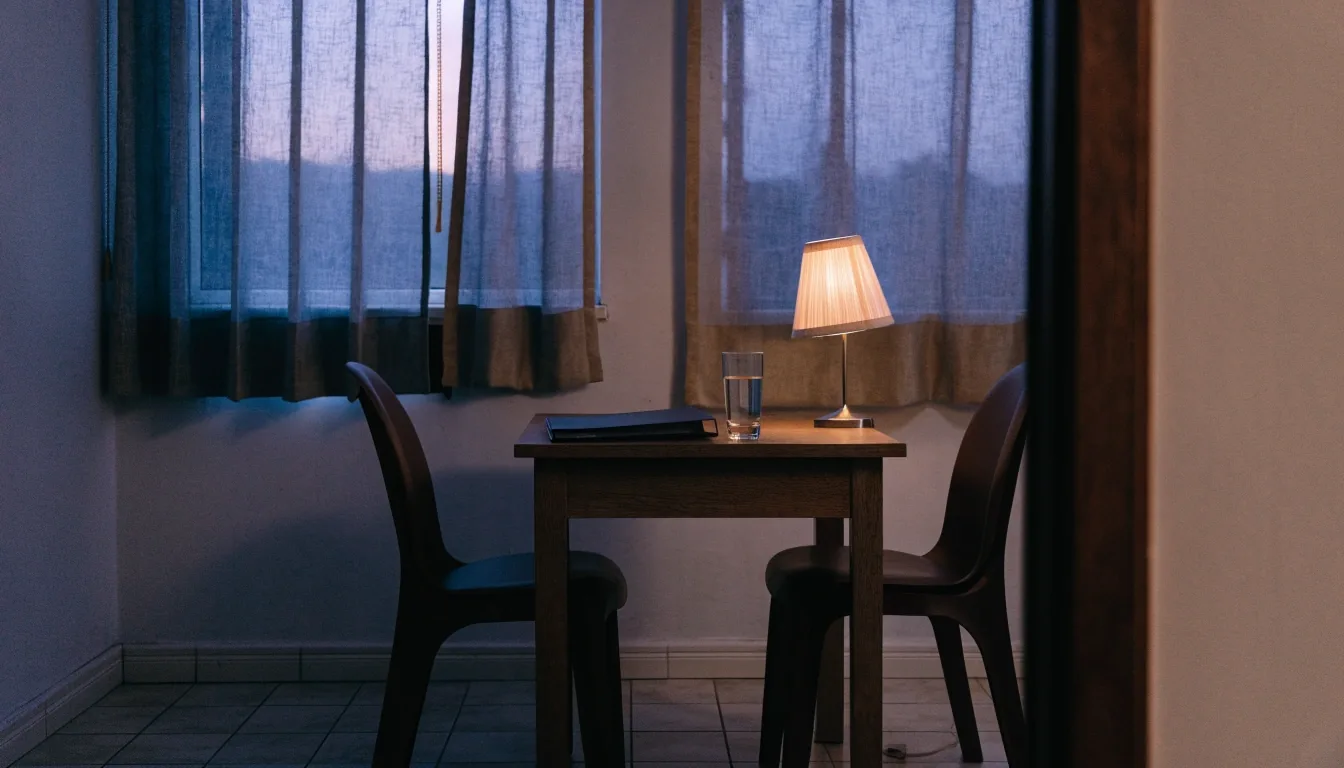 A consultation room table and chairs in warm evening light