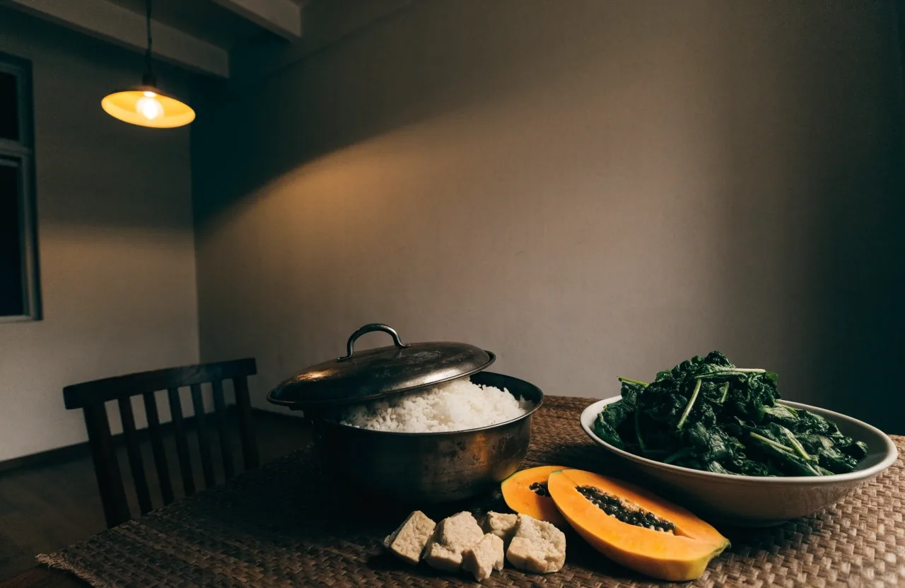 A laid family table with rice, greens and sliced fruit in warm evening light