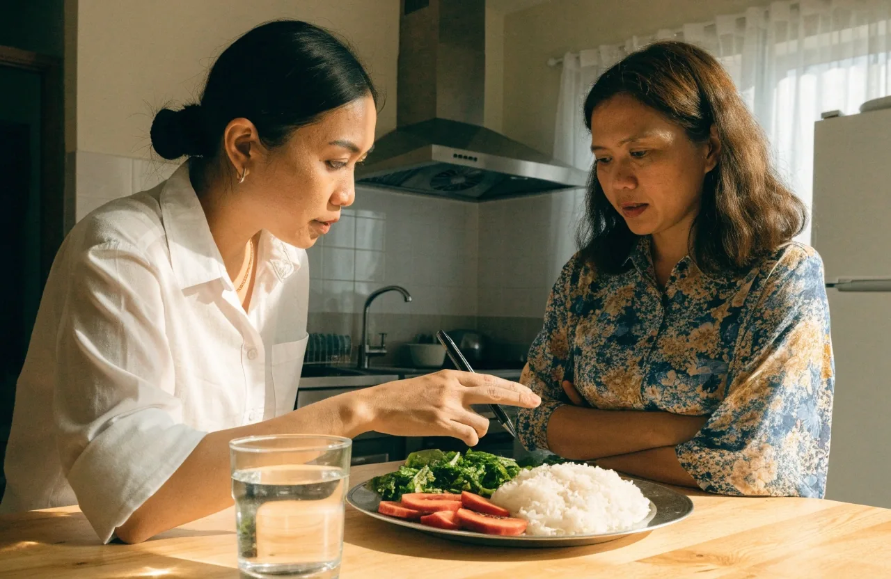 A ruled notebook and pen on a wooden kitchen table beside a simple plate of rice, greens and sliced fruit, hand resting near the open page